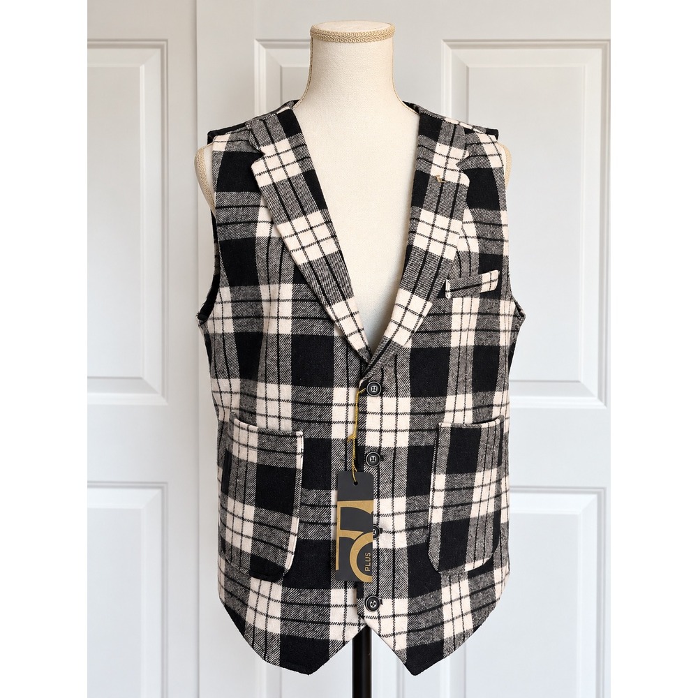 FC Plus Women's XL Plaid Wool Blend Vest Blazer Waistcoat Black White NWT